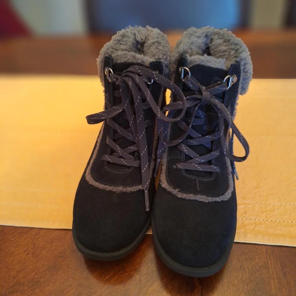 Womens Bodie Ugg Black Suede Fur-Trim Lace-Up Boots Winter Warm 6.5